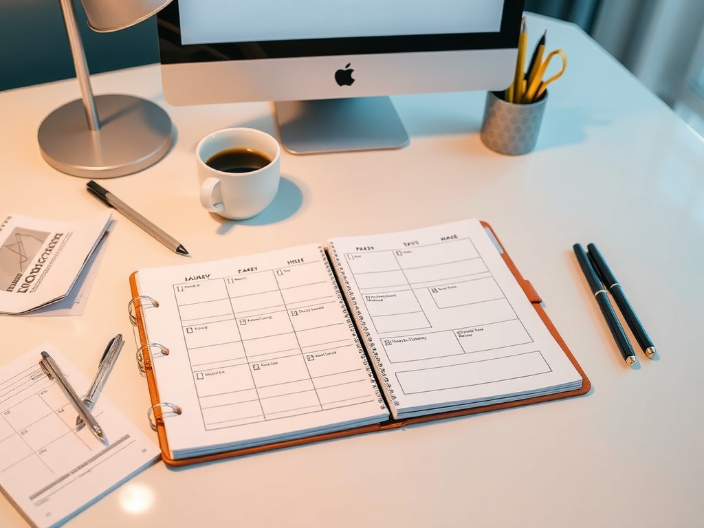 На столе стоит компьютер, планер, ручки и чашка кофе. Офисная обстановка для работы и планирования.