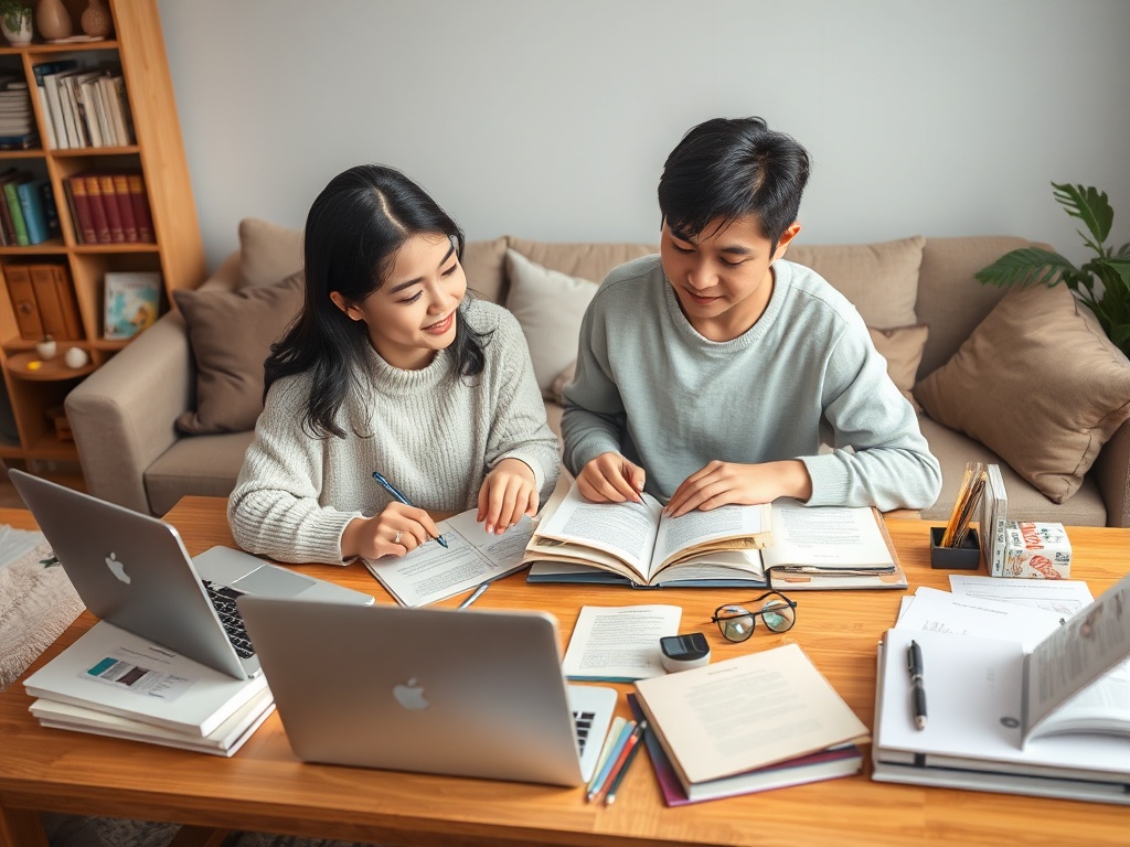 Два человека учатся за столом, окруженные книгами и ноутбуками. Атмосфера дружелюбная и продуктивная.