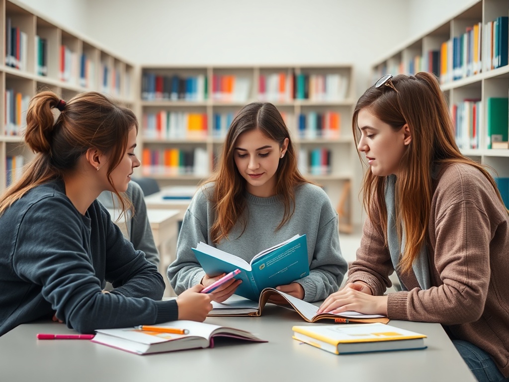 Три студентки изучают книги за столом в библиотеке, обсуждая материалы и делая заметки.