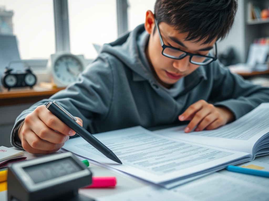 Молодой человек в очках изучает документы за письменным столом с различными канцелярскими принадлежностями.